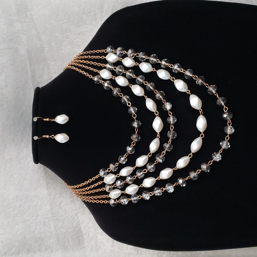 Five Strand Faux Pearl and Clear Crystal Gray Beaded Necklace Set